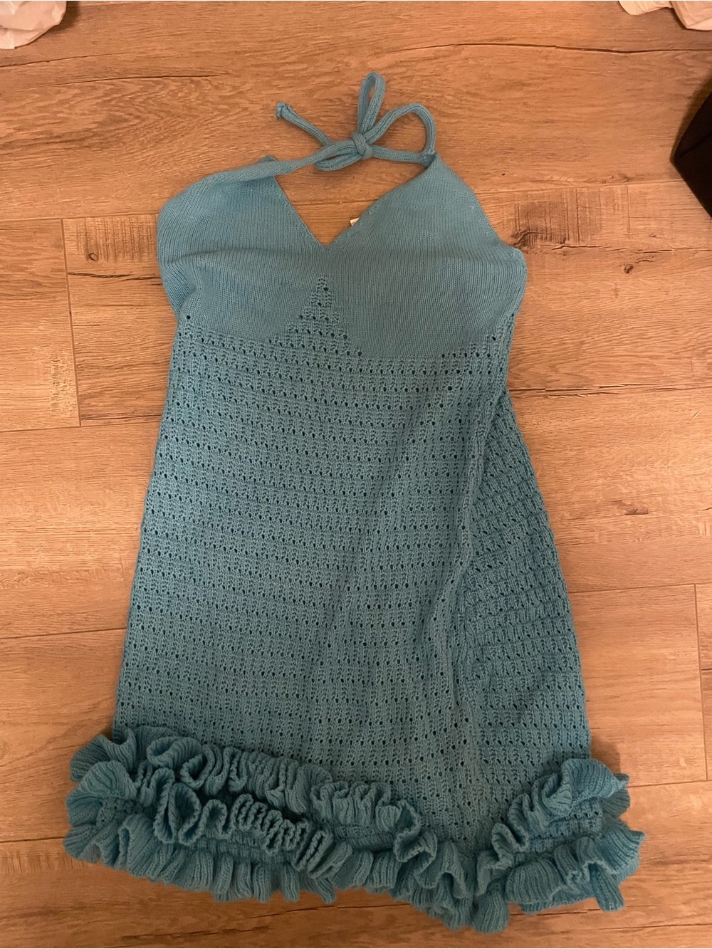 Teal Crochet Halter Knit Dress with Ruffle Hem Handmade